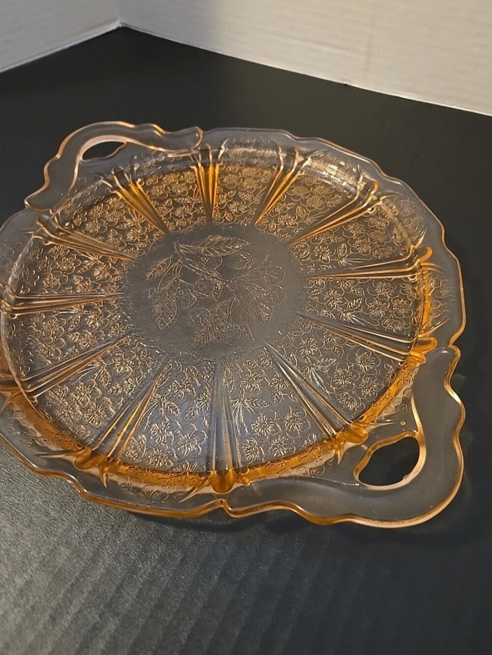 Cherry Blossom Pink Depression Glass Serving Tray Platter W/Handles - Picture 2 of 10